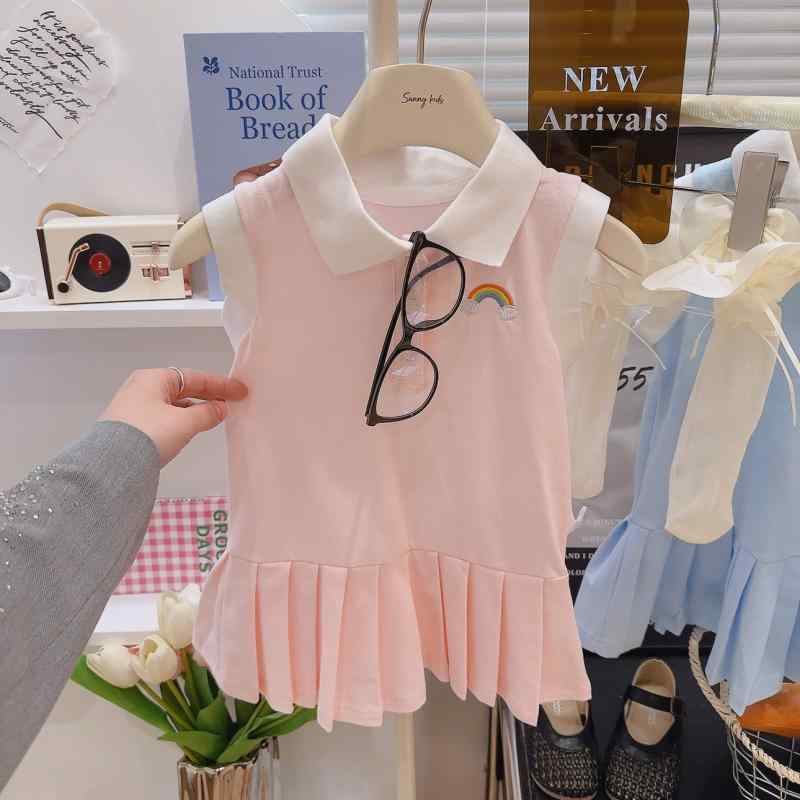 Other - ワンピース 子供 女の子 カジュアル POLO襟 プリーツスカート ノースリーブ Aライン 膝丈 コットン100% 通学 普段着 春夏 ピンク系 ブルー系 80 90 100 110 120 130 140 150