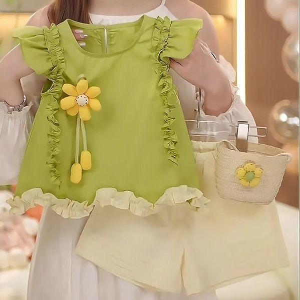 子供服 半袖トップス &amp; パンツ 上下2点セット ベビー服 女の子 夏物 薄手 綿100％ フリル 花柄 80cm 90cm 100cm 110cm 120cm