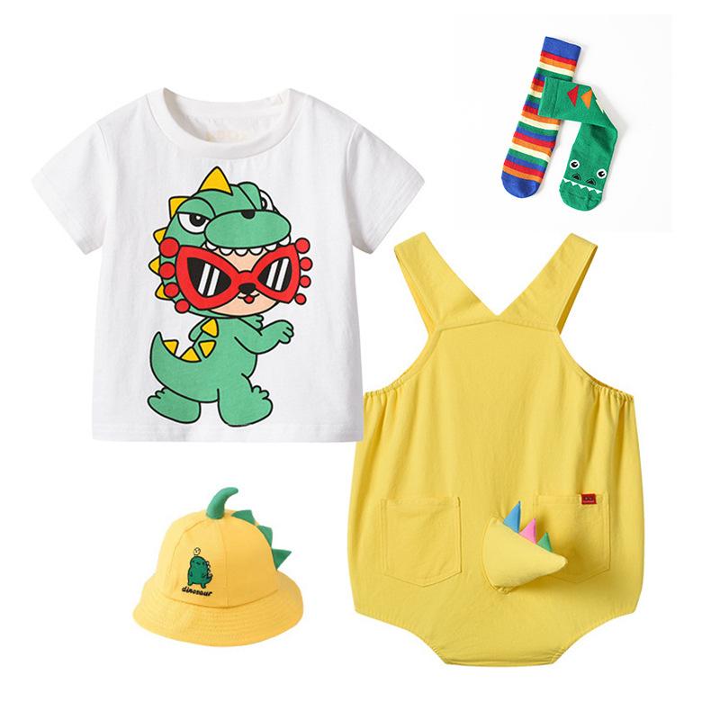 Overalls - ベビー服 夏物 男の子 女の子 半袖 Tシャツ ショートパンツ 2点セット かわいい 恐竜 薄手 保育園 幼稚園 普段着