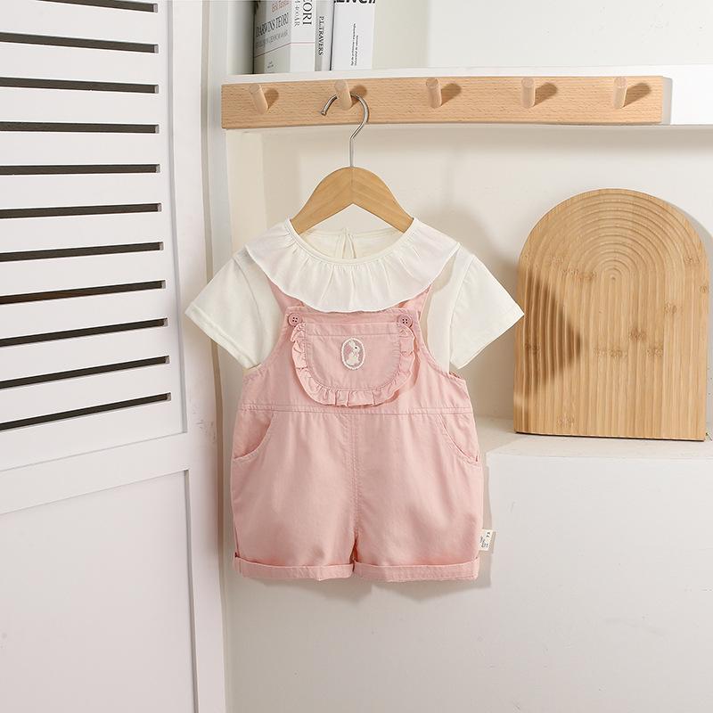Overalls - ベビー服 女の子 夏物 上下セット 薄手 かわいい ショートパンツ 上下 2点セット コットン 花柄 トップス ブルマ 70 80 90 100cm
