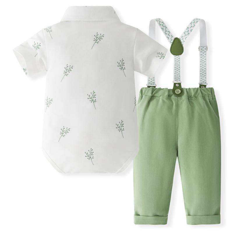 ベビー服 男児用 ハーネス付き パンツセット 子供用 紳士風 半袖ロンパース お出かけ着 花柄 コットン