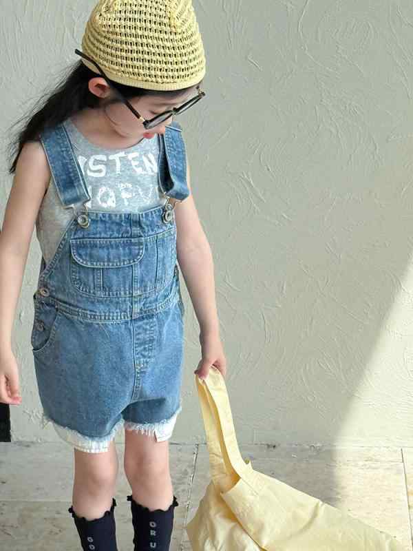 子供服 デニム オーバーオール ショートパンツ 男女兼用 夏物 デニムパンツ 高腰 短パン 80%綿 柔らか..