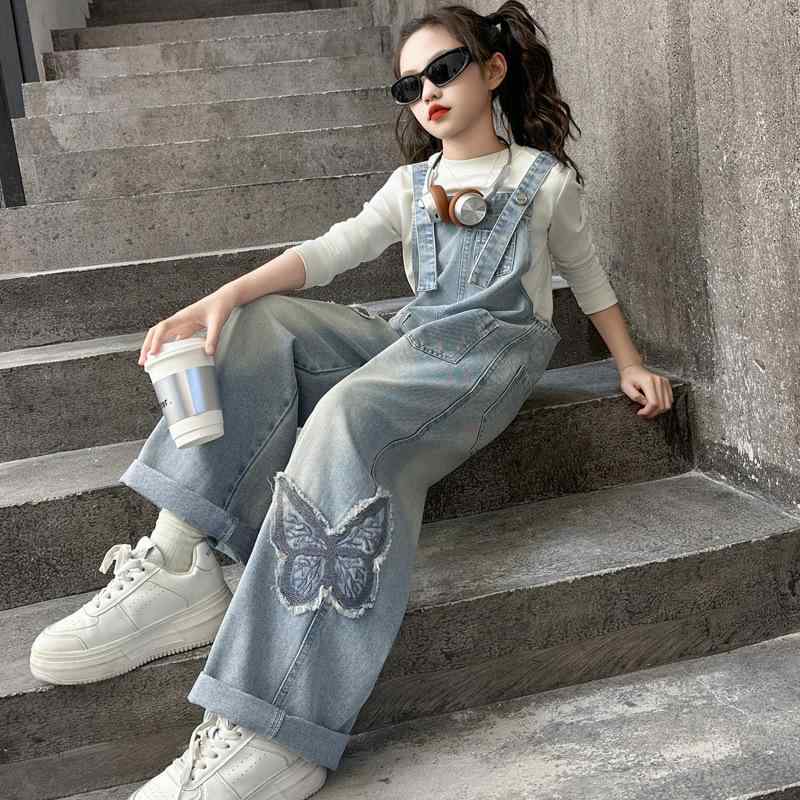 Overalls - キッズ デニム オーバーオール セットアップ 春秋 女の子 かわいい カジュアル 2点セット ストライプ チェック 無地 水玉 イエロー 黄色 レッド 赤 120 130 140 150 160 170