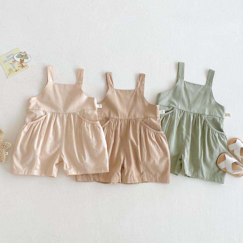 キッズ ベビー オーバーオール サロペット ハーフパンツ 短パン 夏 無地 コットン100％ 浅カーキ 豆緑 ..