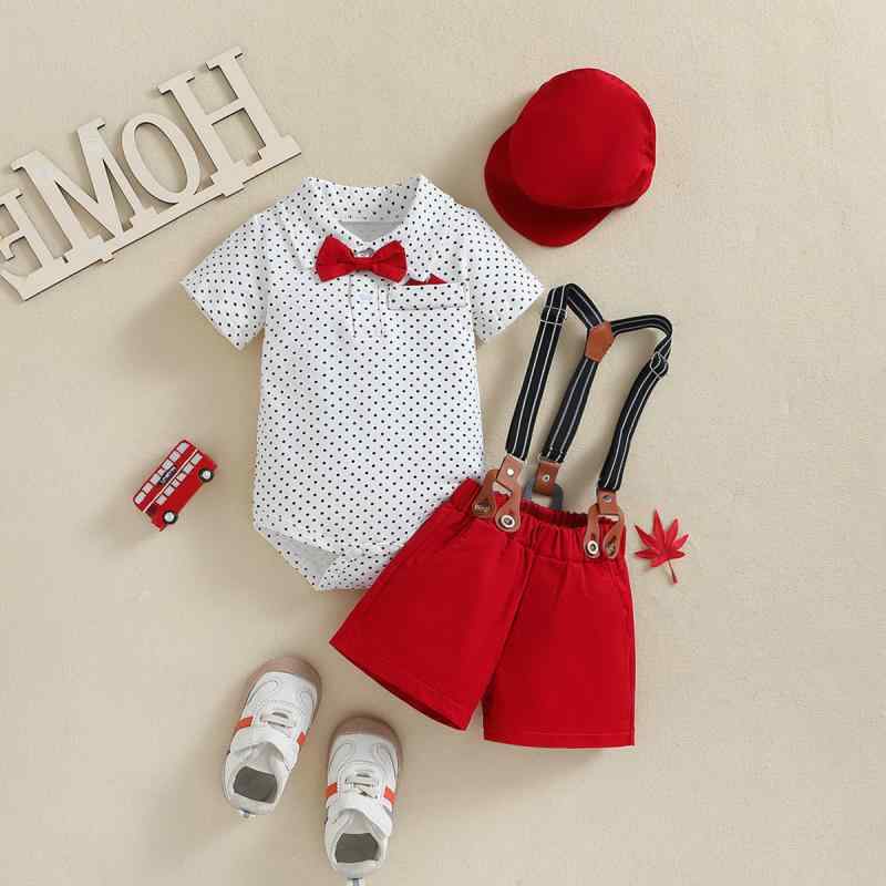 ・対象性別: 男・スタイル: カジュアル・セットタイプ: パンツセット・セット数: 多点・ギフトボックス内容: 服・対象年齢: 中小・推奨シーズン: 夏・袖丈: 半袖・帽子有無: 有り（取り外し可）・パンツ丈: 短パン・生地加工: 剪毛・厚さ: 普通・柄: 円ドット・実物写真: モデルなし・在庫: 有り・要素: セット、ブリティッシュ・安全レベル: A・クロージャータイプ: プルオーバー・カラー: レッド・推奨身長: 70cm, 80cm, 90cm, 100cm・製品カテゴリ: 子供用セット