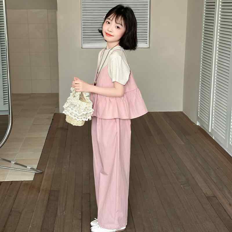 Overalls - 子供服 女の子 夏物 パンツセット 3点セット キャミソール 半袖 ワイドレッグパンツ 薄手 120cm 130cm 140cm 150cm 160cm 170cm ピンク系 カーキ色 普段着 レジャー