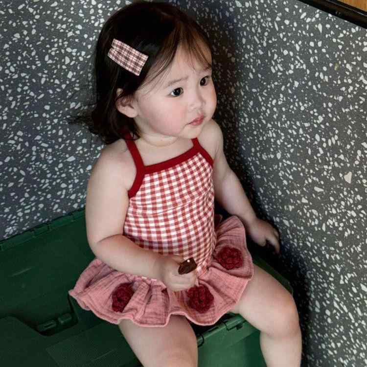 子供服 女の子 夏物 上下セット 吊り上げトップス ブルマ チェック柄 かわいい 幼児 ベビー 赤色 綿 80 90