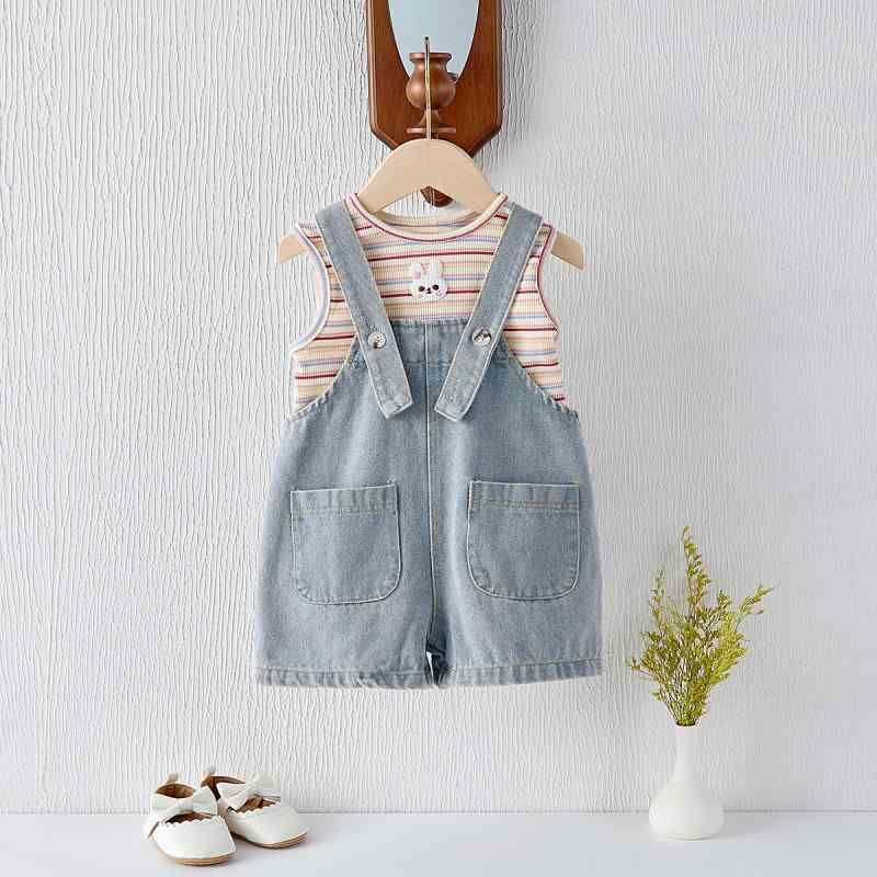 ベビー服 女の子 上下セット かわいい ウサギ耳 ノースリーブ デニム ショートパンツ ストライプ 薄手 ..