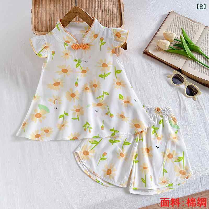 子供服 セットアップ 女児 ベビー服 新中式 上下セット コットン 甚平 パジャマ ホームウェア ノースリーブ 短パン 薄手 かわいい 涼しい 快適 普段着 部屋着 3
