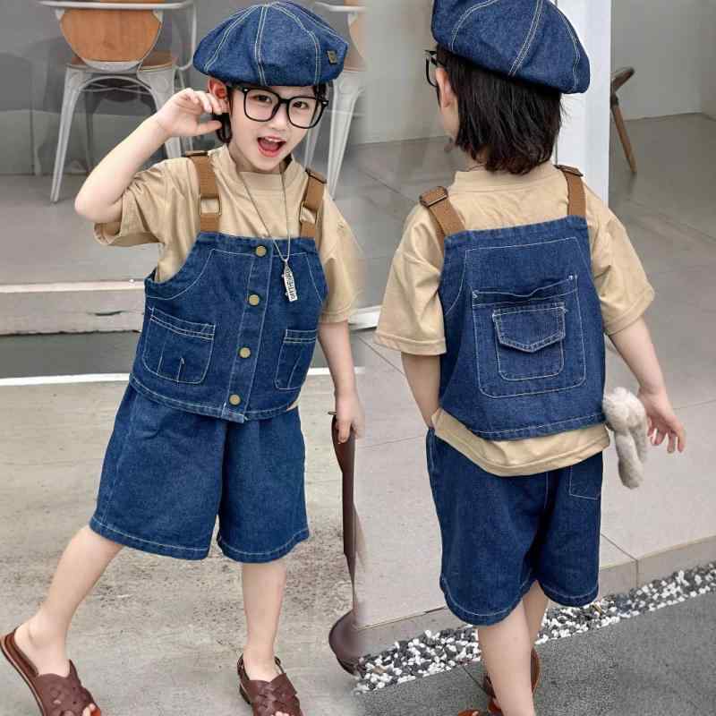 子供服 セットアップ 韓国風 デニム 上下セット ショートパンツ ノースリーブ 夏 男女兼用 かわいい おしゃれ