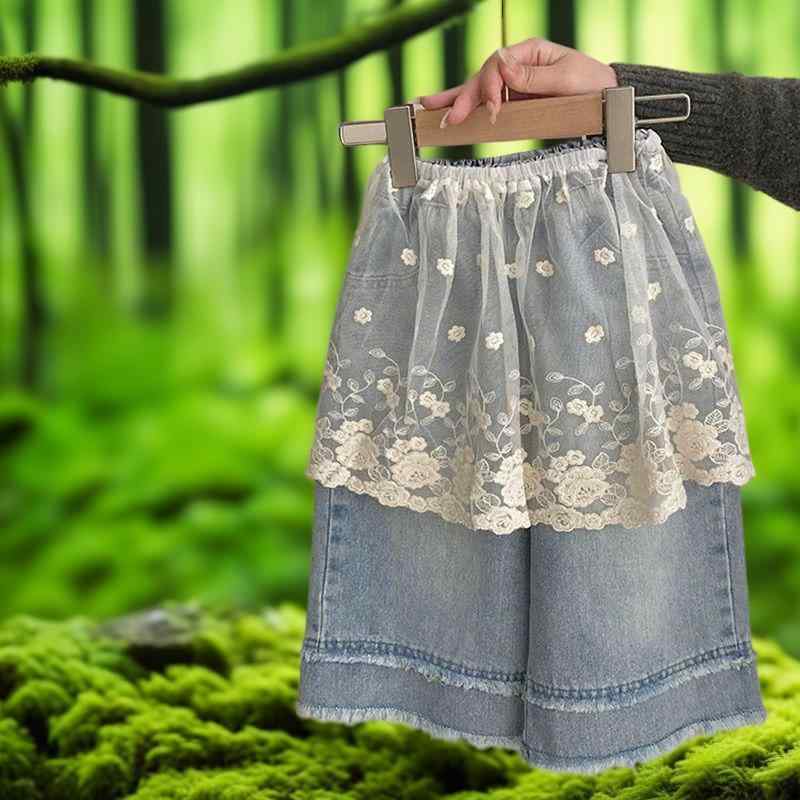 キッズ 女の子 ジーンズ デニムパンツ レース フリル 裾フリンジ ロングパンツ かわいい 普段着 B類 80 90 100 110 120 130 140