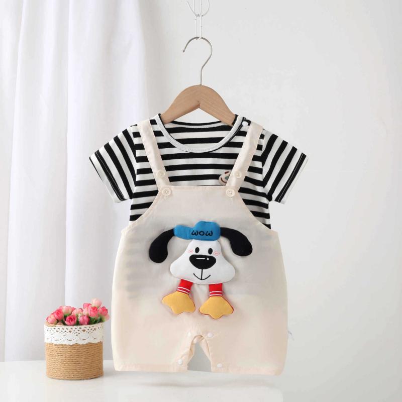 ベビー服 上下セット かわいい 小犬プリント 新生児 コットン混紡 ショートパンツ ベージュ 73 80 90 100 春夏