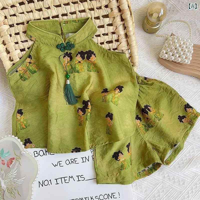 子供服 女の子 チャイナ風セットアップ 夏 新中式 タンクトップ ショートパンツ 2点セット 唐装 再生繊..
