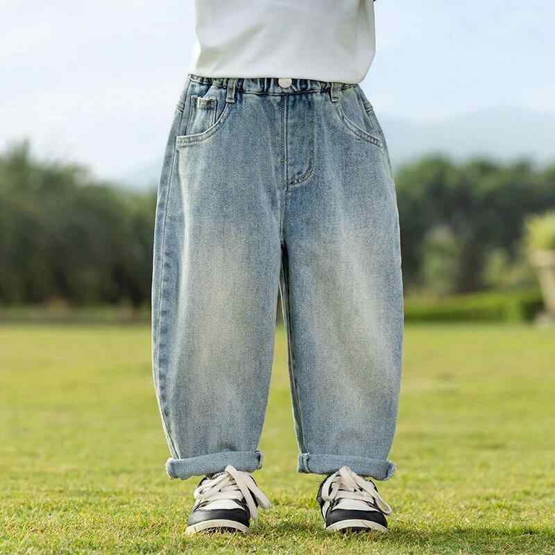 キッズ デニムパンツ 子供用 ジーンズ 男女兼用 春秋 長ズボン 潮 涂鸦 プリント デニム ブルー 8歳以上