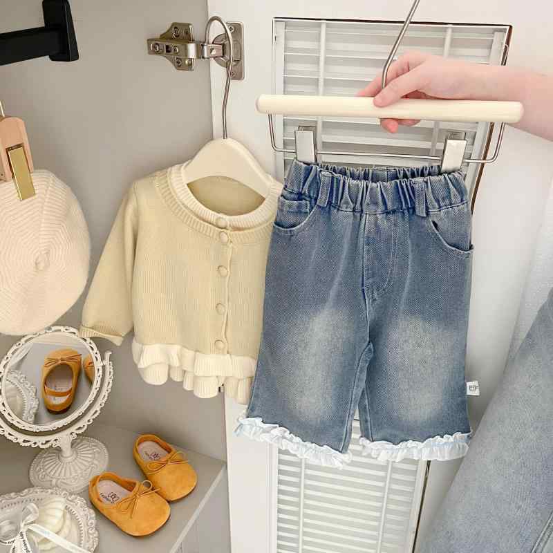 子供服 パンツ 女児 ベビー服 春秋 デニム ニット 切り替え 裾フリル ストレートパンツ 73 80 90 100 110