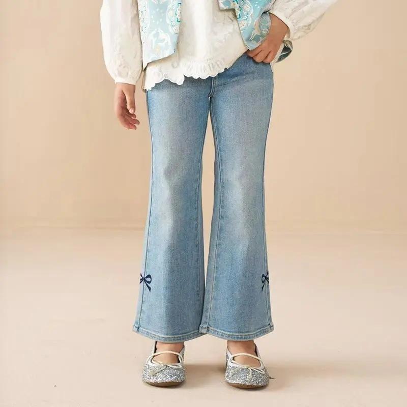 子供服 ジーンズ 女の子 デニムパンツ 長ズボン 裾フレア 蝶結び 接触冷感 ポリエステル ブルー 120cm 130cm 140cm 150cm 160cm 170cm