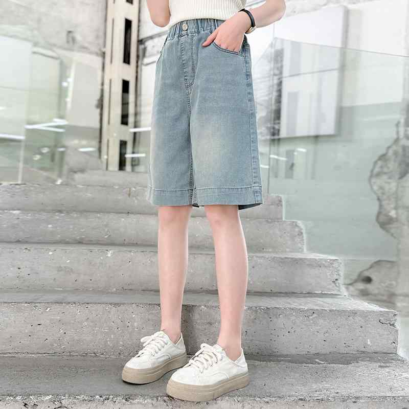 子供服 デニム ハーフパンツ 女の子 夏 薄手 中学生 6分丈 ワイドパンツ ガールズ 女児 大童 綿 混紡 B..