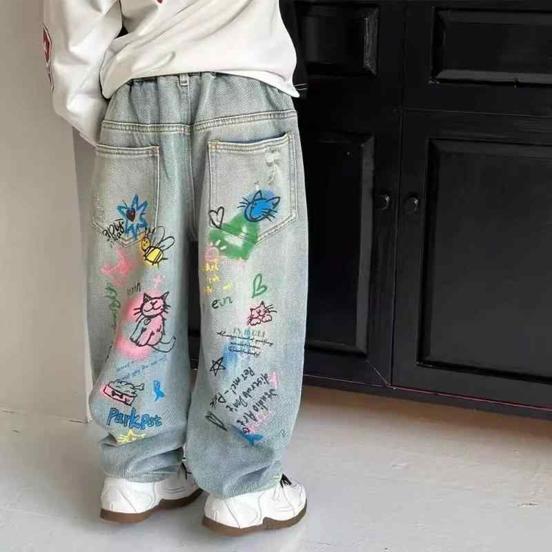 キッズ ジーンズ 男の子 子供服 落書き ペイント デニムパンツ カジュアルパンツ ロングパンツ 春秋 新..