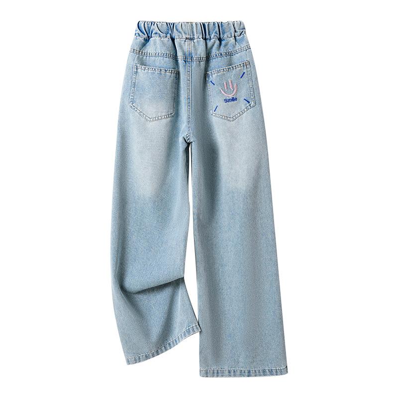 子供服 デニムパンツ 女の子 夏 薄手 ロングパンツ 8歳以上 ブルー 中大サイズ ウエストゴム 女児 ガー..