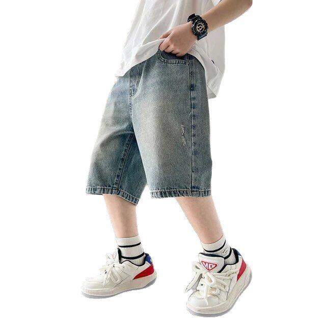 キッズ ハーフ デニム パンツ 男の子 子供服 夏 薄手 7分丈 デニム ブルー 中小学生 普段着 おしゃれ