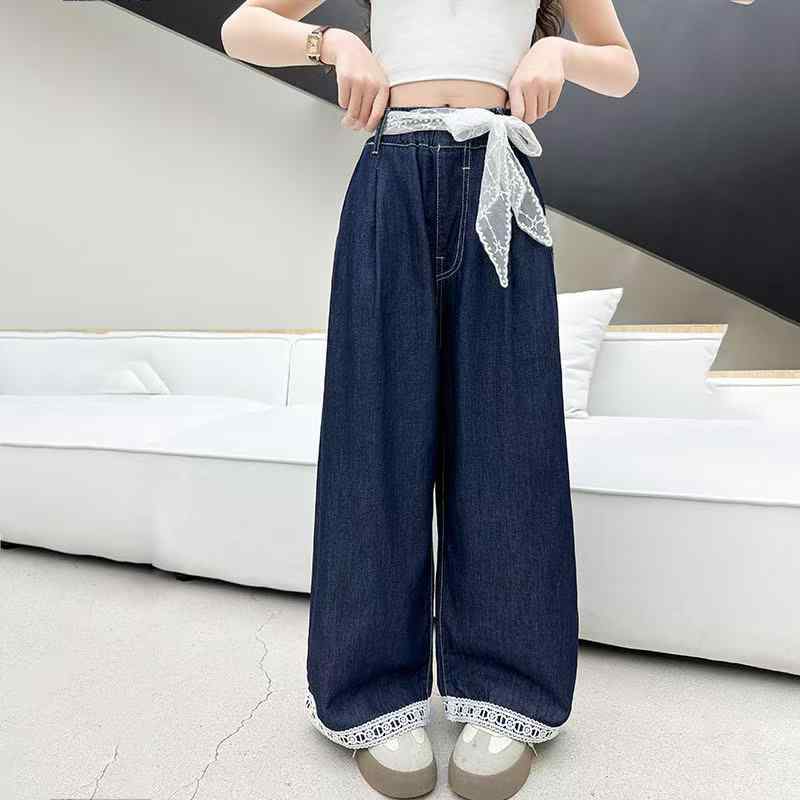 子供服 デニムパンツ ガールズ 薄手 ワイドレッグパンツ 接触冷感 虫除け 普段着 部屋着 伸縮性 中大 детская カジュアルパンツ 紺色系