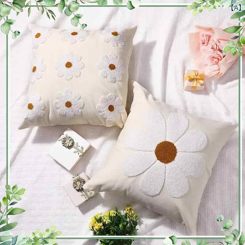 クッションカバー 北欧風 太陽 花柄 コットン 45x45cm リビング 寝室 インテリア 緑 グレー 白 [2]