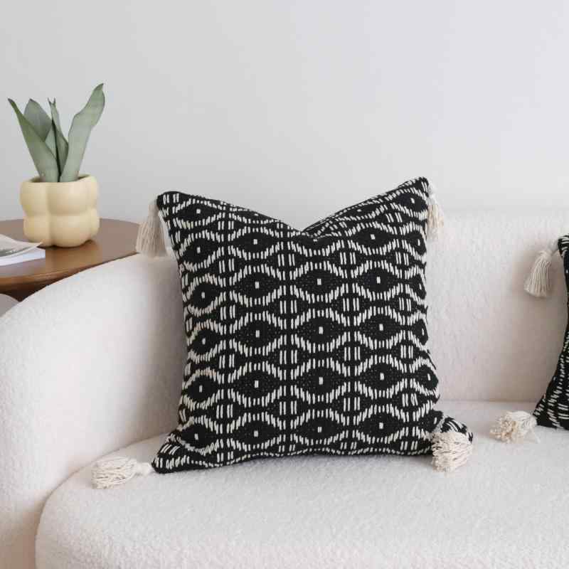 クッション 北欧風 織り模様 タッセル ソファ 背当て コットンリネン 黒米 幾何学模様 30x50cm 45x45cm
