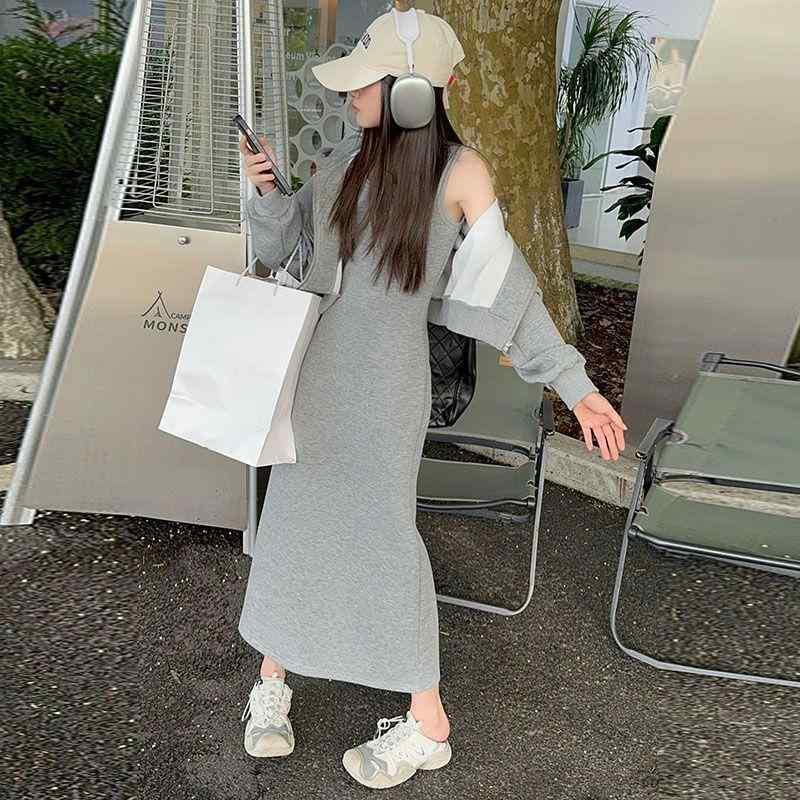 子供用セットアップ スポーツ パーカー &amp; キャミソール ワンピース 2点セット 再生繊維 無地 グレー 120 130 140 150 160 170