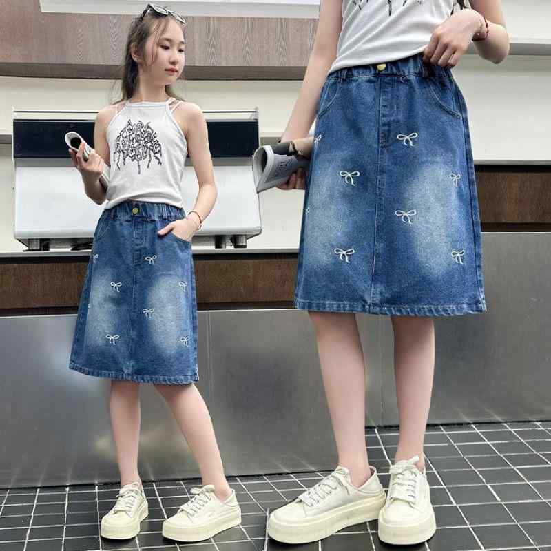 子供服 女の子 デニムスカート 夏用 おしゃれ かわいい ガールズ スカート ミディアム丈 蝶結び 刺繍 ..