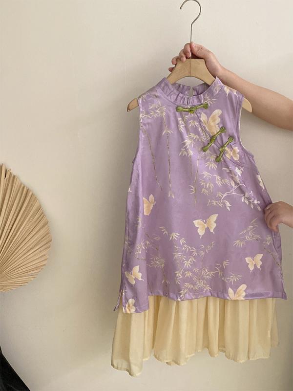 ワンピース 女児 チャイナドレス 中国風 花柄 蝶々 プリント 飾りボタン 半袖 Aライン 綿混紡 パープル 120cm 130cm 140cm 150cm 160cm 170cm