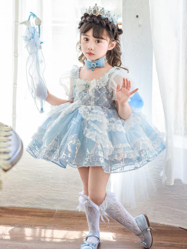 ワンピース 子供 女の子 重工 ロリータ ブルー エルサ プリンセス パフスリーブ 半袖 ドレス 子供 礼服 チュールスカート 膝丈スカート ポリエステル コットン 裏地付き かわいい 夏