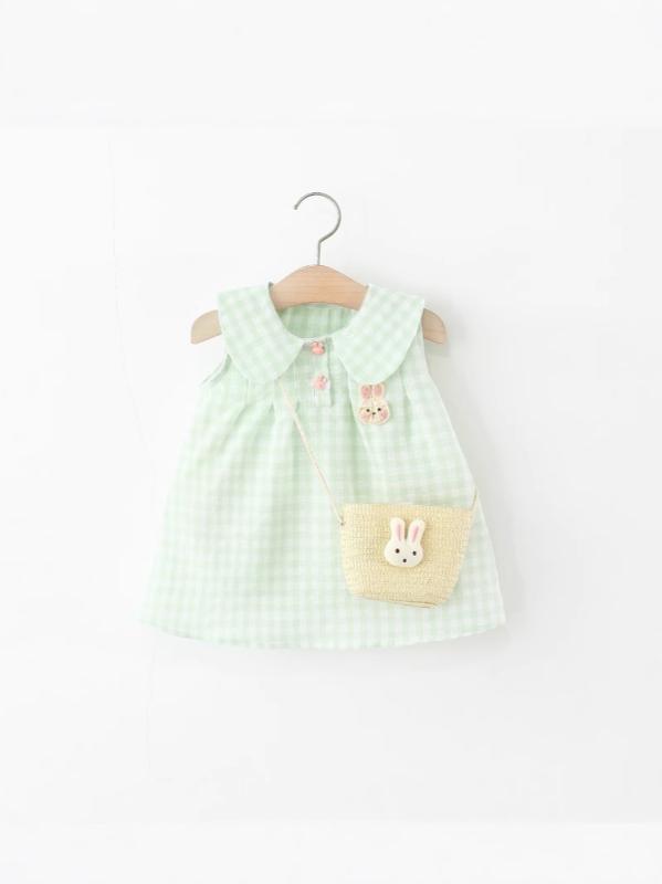 ワンピース キッズ 女の子 格子柄 ノースリーブ チュニック 幼児 ベビー 子供服 かわいい ウサギ耳 黄色 緑 コットン Aライン 膝丈 80 90 100 110 120 春夏