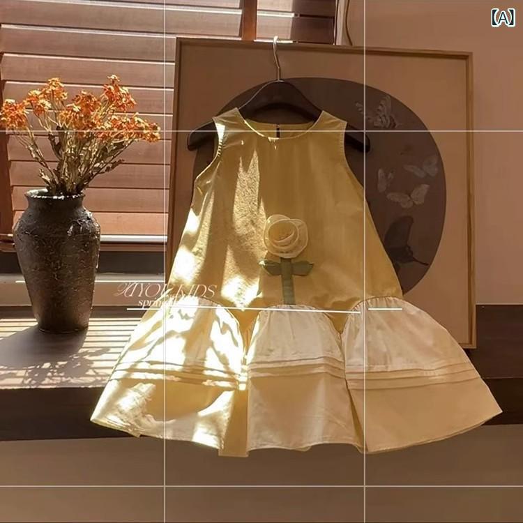 ワンピース 女の子 キッズ ノースリーブ コントラストカラー コットン 花柄 プリンセス 春秋 かわいい ..