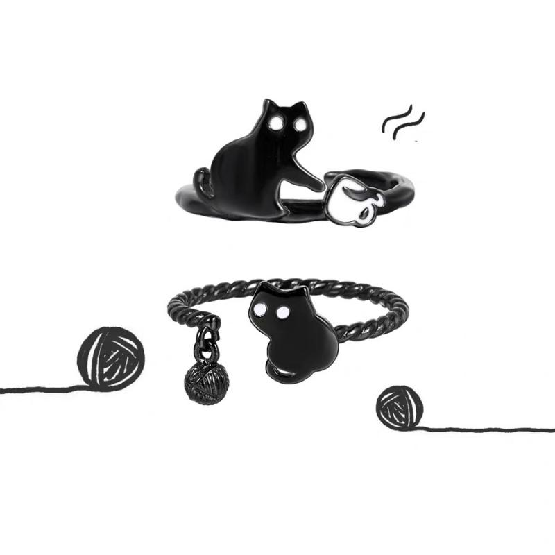 指輪 ペアリング オリジナル 小众デザイン 高級感 黒猫 アニマル モチーフ 猫 リング フリーサイズ 男..