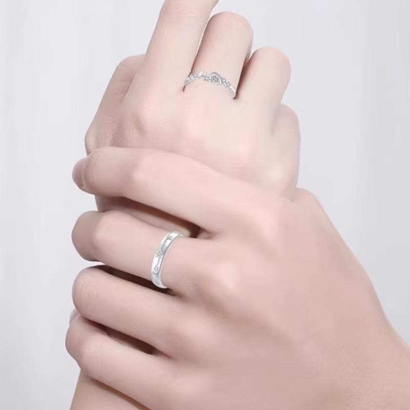 指輪 ペアリング シルバー S999 純銀製 男女兼用 カップルリング 星形 幾何学模様 調整可能 電気メッキ..