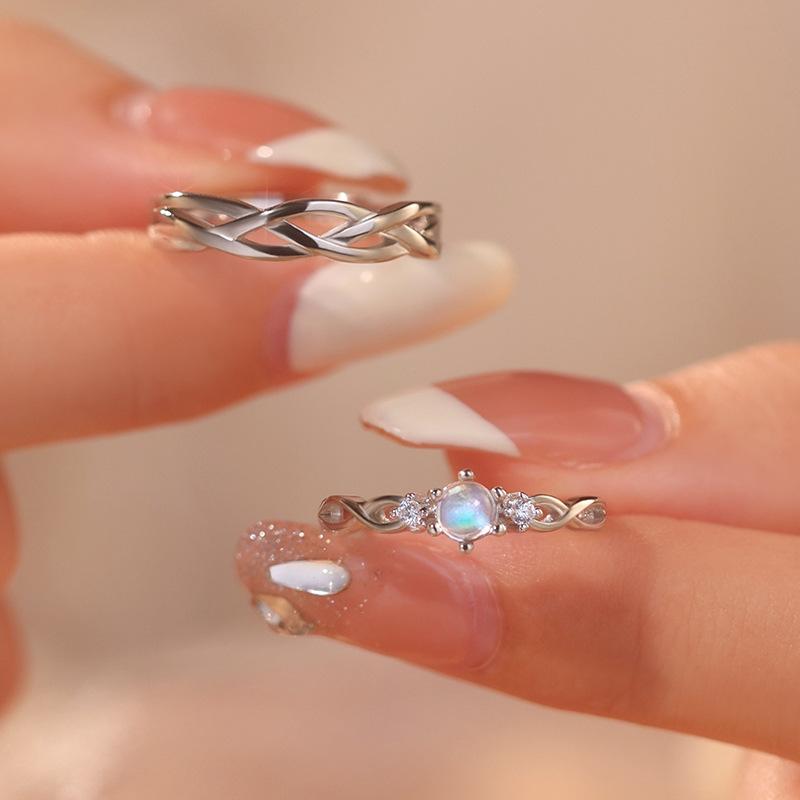指輪 ペアリング 同心結 月光石 モアッサナイト S925 シルバー リング オープンリング サイズ調整可能 男女兼用 幾何学型 アクセサリー