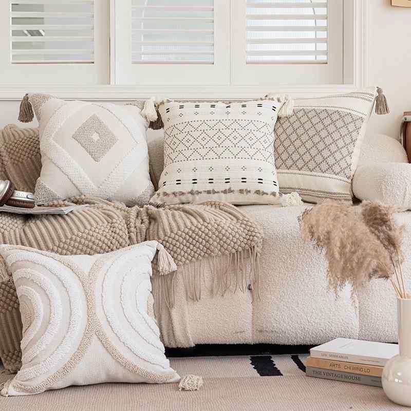 クッションカバー 北欧風 幾何学模様 タッセル付き スクエア 格子柄 シェニール かわいい おしゃれ 45×45cm PP綿