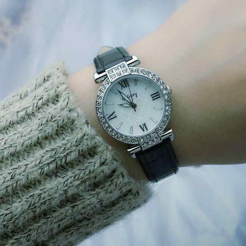 腕時計 レディース ファッション 水晶 ストーン レザー ベルト ウォッチ 女性用 クォーツ アナログ エレガント ブラック ピンク系 ブルー