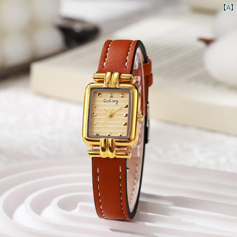 腕時計 レディース 女性用 ミニ スクエア レトロ ローマ数字 PUレザー アナログ 薄型 軽量 アクセサリー ゴールド ブラック系