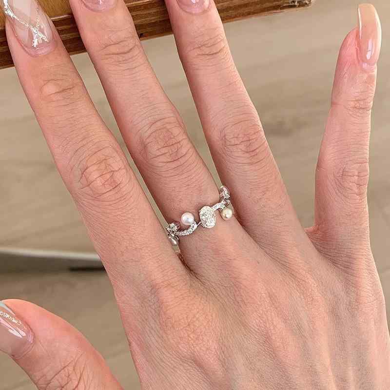 指輪 レディース S925 シルバー リング フランス風 パール ジルコニア 幾何学模様 開口デザイン 高級感 軽奢 百搭 手飾り 電気メッキ加工 パーティー プレゼント