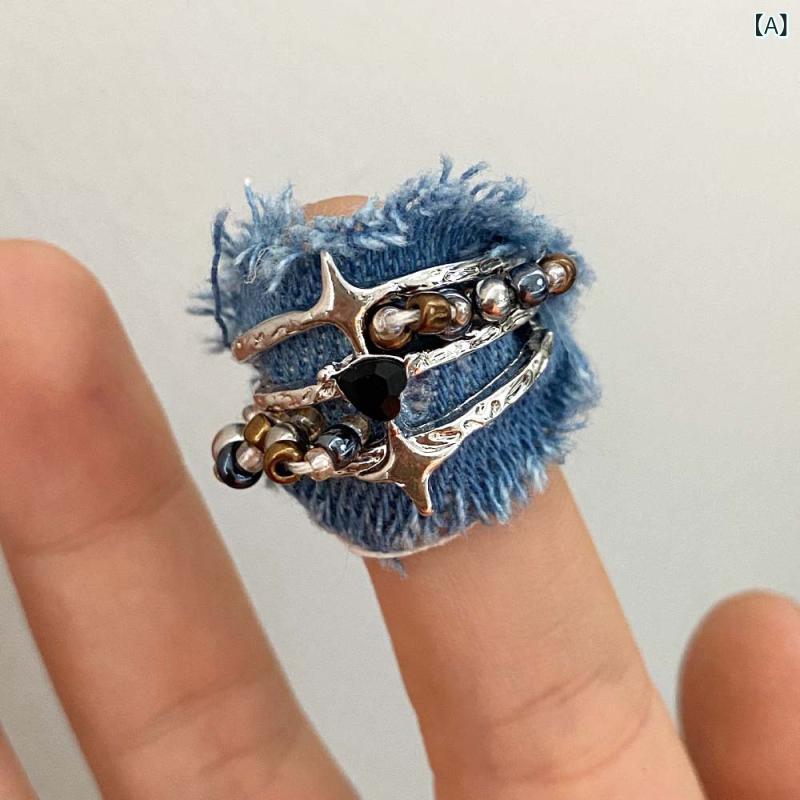指輪 レディース デニム ミックスビーズ リング ファッション アクセサリー クール ストリート カジュアル