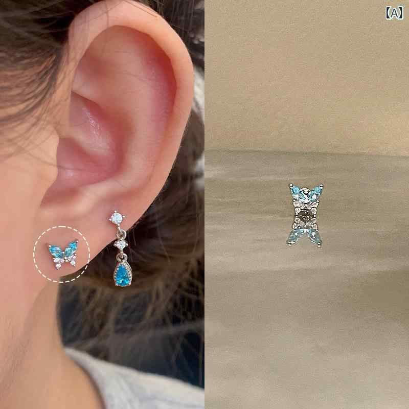 ピアス レディース 水滴 雫 ドロップ チタン製 バタフライ 蝶 ジルコニア 軟骨ピアス イヤーカフ 清涼感 かわいい ガーリー フェミニン