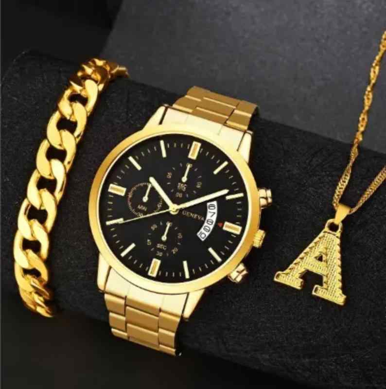 腕時計 男性用 ブレスレット ネックレス 3点 セット クォーツ アナログ ジュエリー アクセサリー