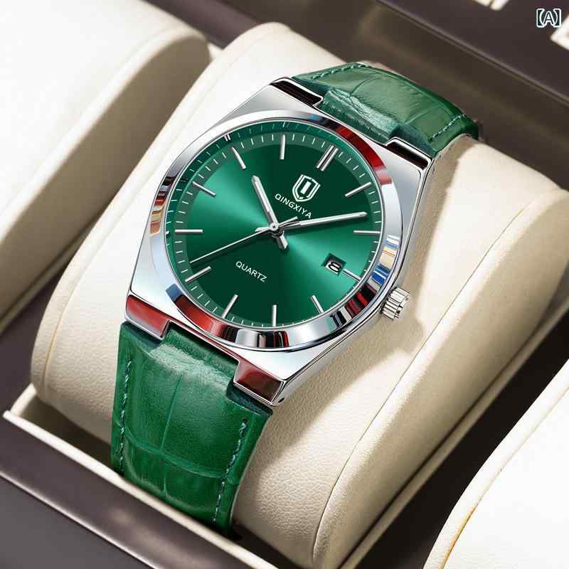 OMEGA - 腕時計 男性用 薄型 防水 カレンダー クォーツ アナログ 仿皮 夜光 グリーン ブルー