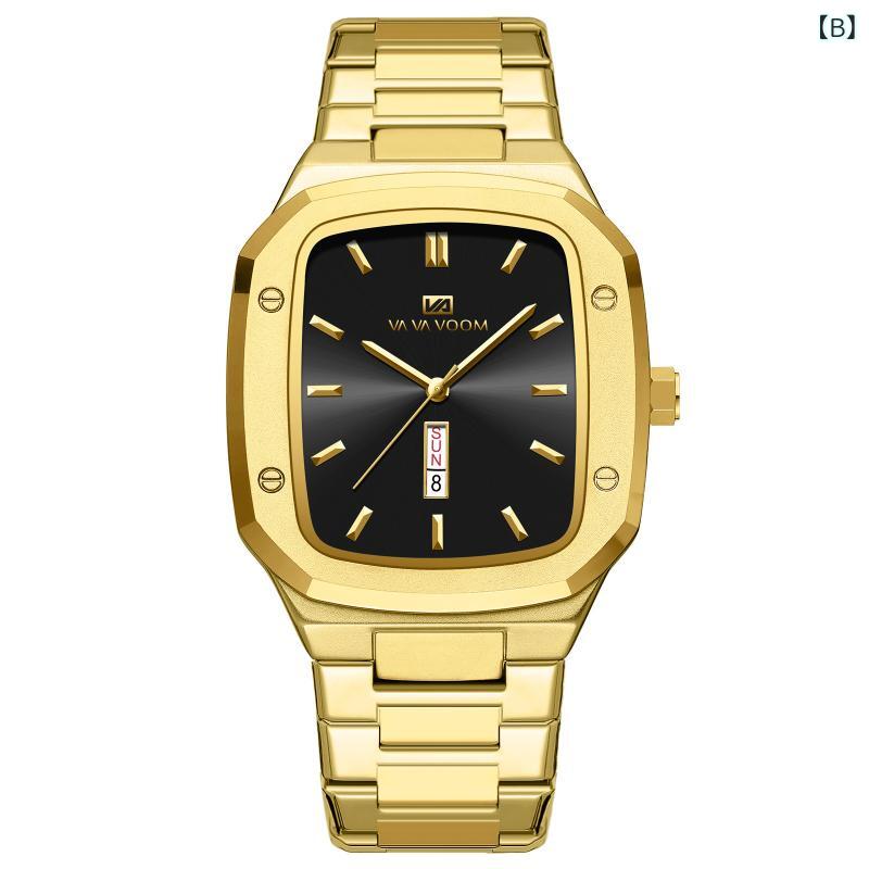 腕時計 男性用 ビジネス 防水 ダブルカレンダー ステンレススチール 長方形 フェイス