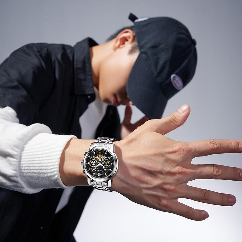 腕時計 メンズ 男性用 ビジネス ウォッチ 機械風 スケルトン 全自動 クォーツ 時計 ステンレス鋼 シルバー ブラック(2.0)