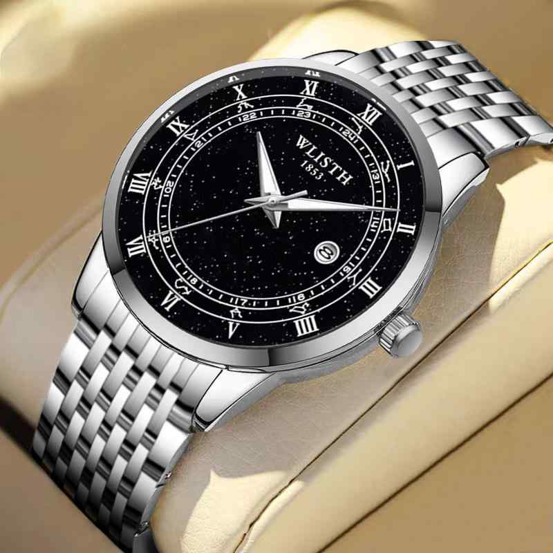 腕時計 メンズ 星座 石英時計 機械式風 ウォッチ 夜光 カレンダー ステンレス アナログ 黒文字盤