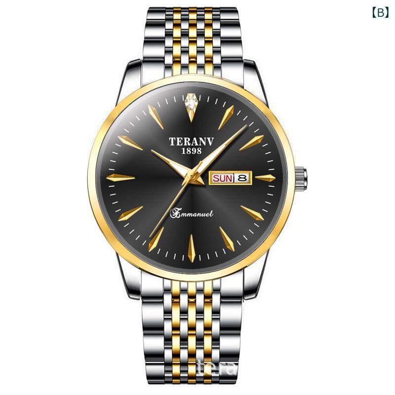 腕時計 メンズ 男性用 薄型 ビジネス カジュアル シンプル デュアルカレンダー 夜光 3針 クォーツ アナログ 防水 ステンレススチール 合金