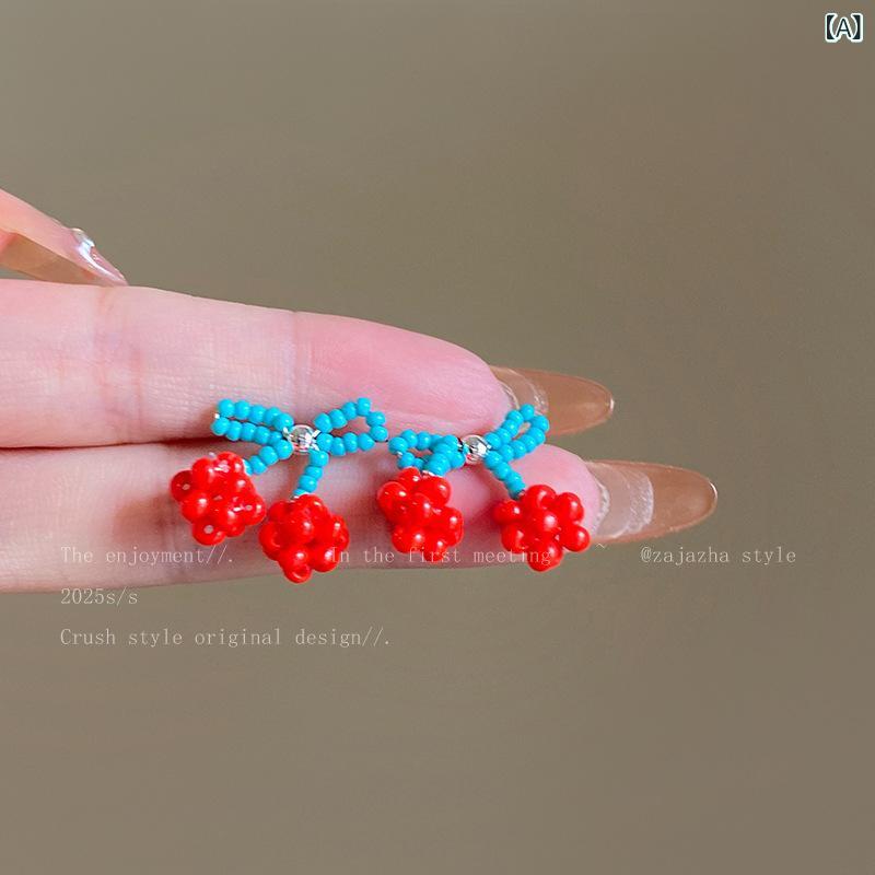 ピアス レディース 幾何学型 撞色 小さなサクランボ シルバー925 ポスト 電気メッキ加工 キュート かわいい ゆめかわ アクセサリー