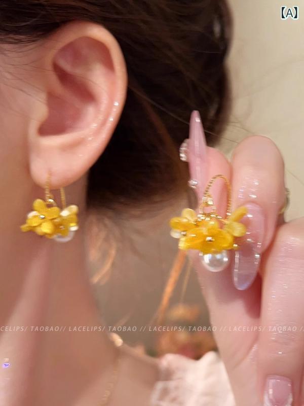 ピアス レディース 桂花 フラワー タッセル パール 電気メッキ加工 ゆらゆら 揺れる 花 ドロップピアス かわいい 清新 甘め(4.0)